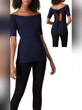 EUC Jason Wu Tie Back - Off-Shoulder -Ribbed- Navy Short Sleeve Sweater Top - M